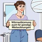 Illustration einer jungen Frau in einer Küche stehend mit einem Schild in der Hand, auf dem steht: 