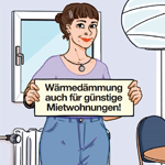 Illustration einer jungen Frau in einer Küche stehend mit einem Schild in der Hand, auf dem steht: