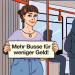 Illustration einer jungen Frau in einem Bus stehend mit einem Schild in der Hand, auf dem steht: